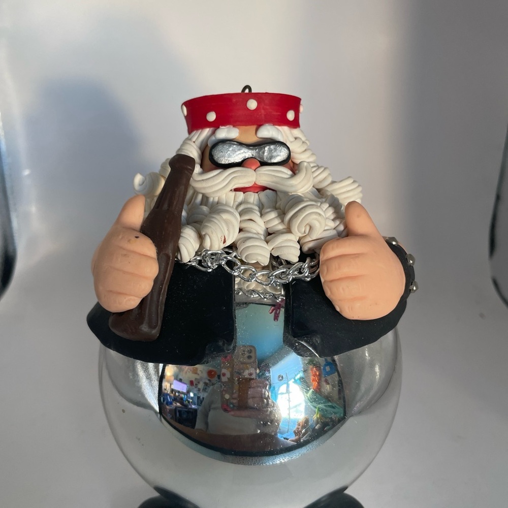 Motorcycle Biker Santa Claus Dept 56 Ornament Holding Beer Born to Be Wild tat